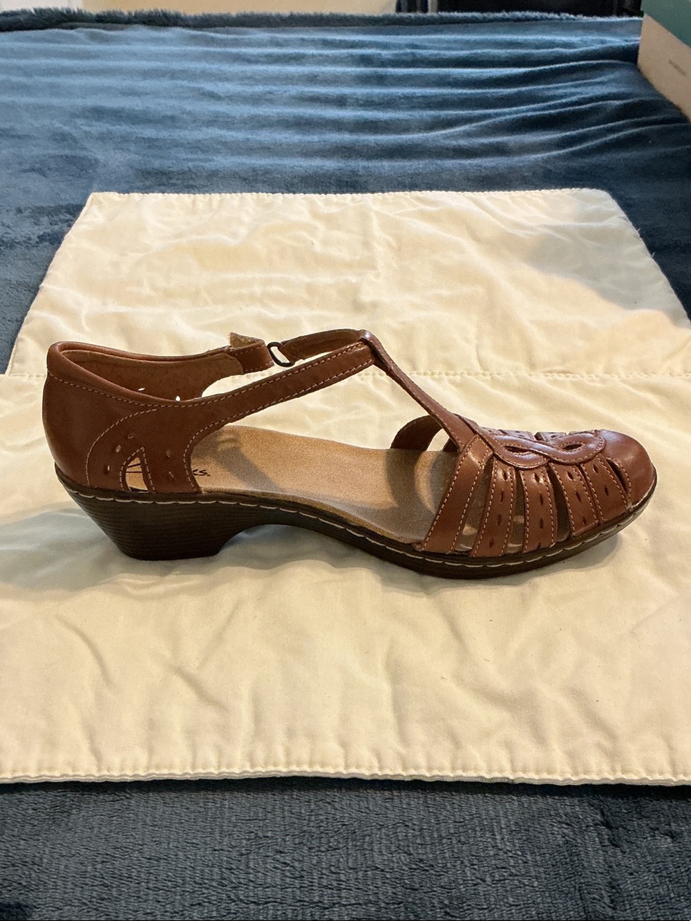 Clarks Brown T-Strap Cutout Low Heel Sandal